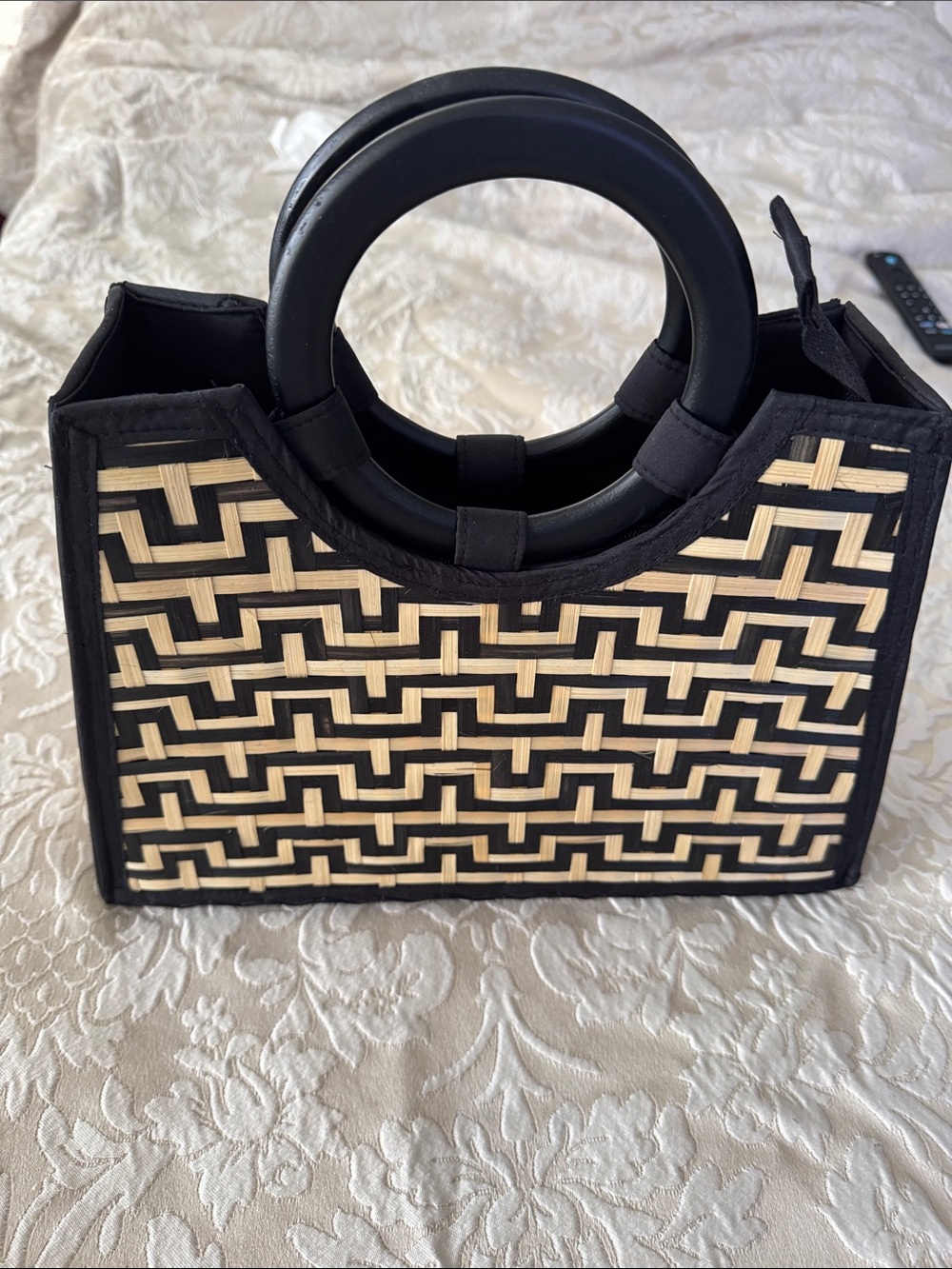 Black & Natural Woven Mini Tote with Circular Handles